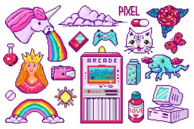 Piksel 8 bitlik nesneler. Retro dijital oyun varlıkları. Pembe moda ikonları. Klasik kızsı çıkartmalar. Bilgisayar oyunu videosu. Karakterler dinozor midilli gökkuşağı tek boynuzlu ejderha..