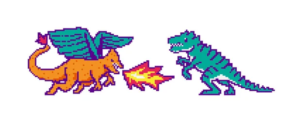 Fire dragon and dinosaur. Fight or Battle in the game concept. Pixel art 8 bit objects. Retro digital game assets. Fashion icon. Vintage Computer video. — Stock Vector
