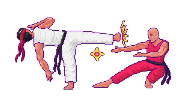 Karate japonés. Lucha o batalla en el concepto de juego. Pixel art 8 bits personajes objetos. Activos de juego digital retro. Icono de moda. Vintage vídeo de ordenador . — Vector de stock