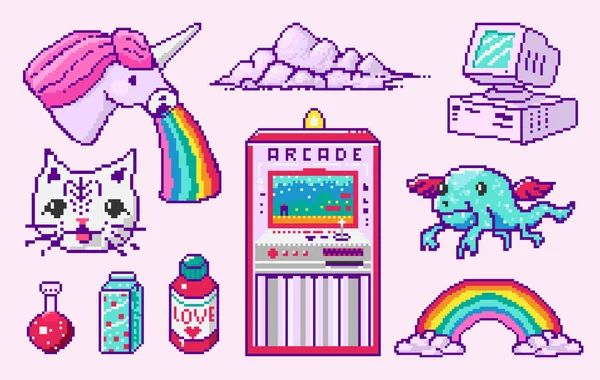 Пианино-арт 8 битных объектов. Персонаж Pony Cloud Rainbow Unicorn. Ретро цифровые игровые активы. Розовые иконы моды. Винтажные девчачьи наклейки. Аркады и видео . — стоковый вектор