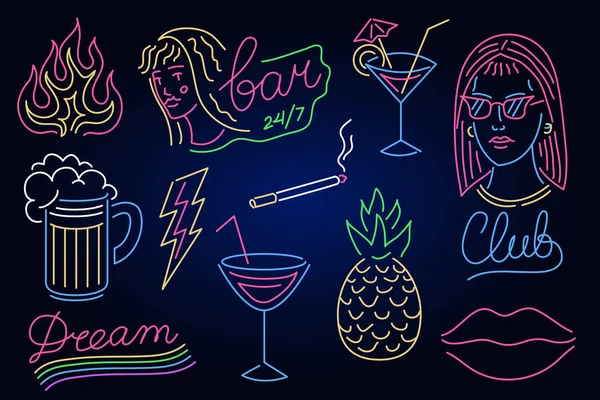 Modische Leuchtreklame. Leuchttafel bei Nacht, Leuchtturmbanner. Sommerwappen. Club Bar Logo auf dunklem Hintergrund. Flammen Bier Zigarettenlippen Cocktail Ananas. Essbares rosafarbenes Mädchen mit Brille. — Stockvektor