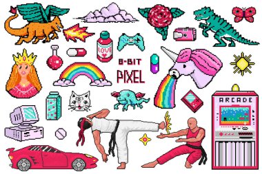 Piksel 8 bitlik nesneler. Retro dijital oyun varlıkları. Pembe moda ikonları. Klasik kızsı çıkartmalar. Bilgisayar oyunu videosu. Dinozor midilli gökkuşağı tek boynuzlu ejderha karakterleri. Japon Karate ve Araba.