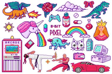 Piksel 8 bitlik nesneler. Retro dijital oyun varlıkları. Pembe moda ikonları. Klasik kızsı çıkartmalar. Bilgisayar oyunu videosu. Dinozor midilli gökkuşağı tek boynuzlu ejderha karakterleri. Japon Karate ve Araba.