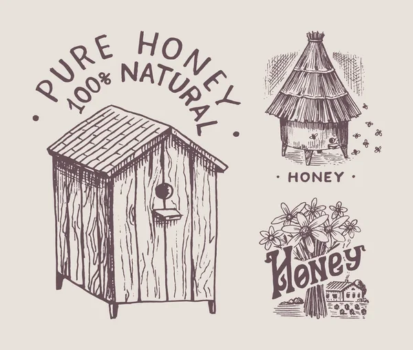 Colmeia e apiário e flores. Etiquetas de mel e abelhas. Logotipo vintage para tipografia, loja ou placas. Distintivo para t-shirts. Mão desenhada gravar esboço. Ilustração vetorial . — Vetor de Stock