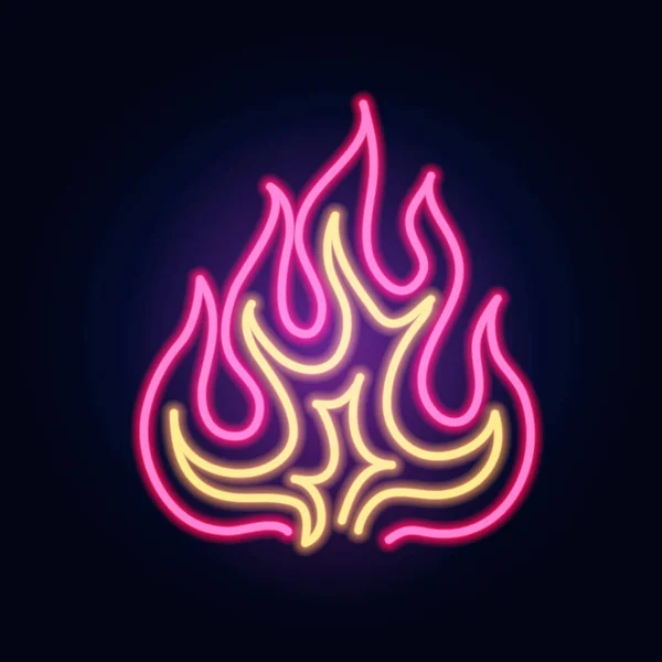 Neon Fire. Modezeichen. Nachtleuchttafel, Leuchtendes Banner. Sommerwappen. Club Bar Logo auf dunklem Hintergrund. Flammen oder Flammen. — Stockvektor