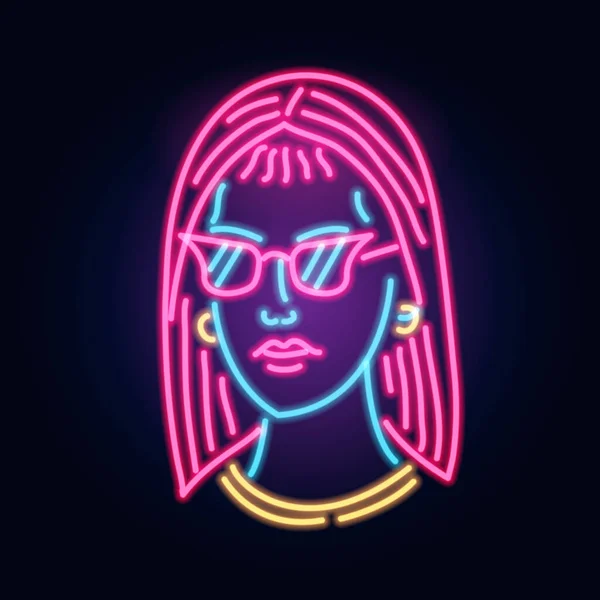 Neon Girl con gli occhiali. Segno di moda. Insegne luminose notturne, insegna luminosa. Emblema estivo. Logo Club Bar su sfondo scuro. Festa donna. — Vettoriale Stock