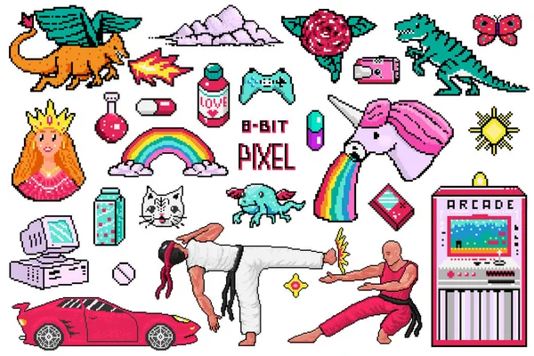 Pixel art 8 bit objects. Retro digital game assets. Set of Pink fashion icons. Vintage girly stickers. Arcades Computer video. Characters dinosaur pony rainbow unicorn dragon. Japanese Karate and car. — Stock Vector