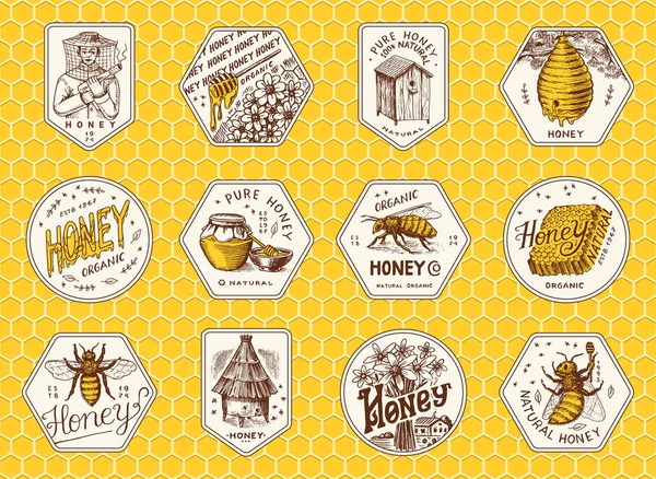 Honey and bees stickers set. Beekeeper man and Honeycombs and hive and apiary. Vintage logo for typography, shop or signboards. Badge for t-shirts. Hand Drawn engrave sketch. Vector illustration. Royalty Free Stock Vectors