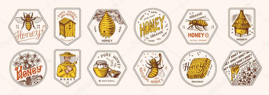 Honey and bees stickers set. Beekeeper man and Honeycombs and hive and apiary. Vintage logo for typography, shop or signboards. Badge for t-shirts. Hand Drawn engrave sketch. Vector illustration. Stock Illustration