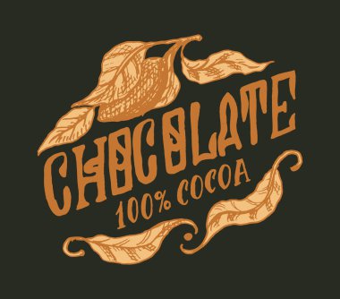 Kakao yaprakları. Tişört, tipografi, dükkan ya da tabela için klasik rozet ya da logo. Elle çizilmiş bir eskiz. Vektör illüstrasyonu.