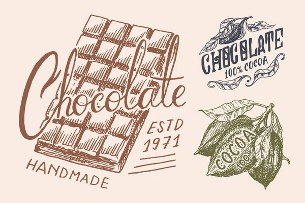 Feijão de cacau e barra de chocolate. Emblema ou logotipo vintage para camisetas, tipografia, loja ou placas. Desenho à mão esboço gravado. Ilustração vetorial . — Vetor de Stock