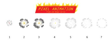 Pixel sanat 8 bit yangın objeleri. Oyun simgeleri ayarlandı. Çizgi roman alev efektleri. Patlama patlaması dumanlı flaş dinamiti patlattı. Dijital simgeler. Canlandırma Süreci adımları.