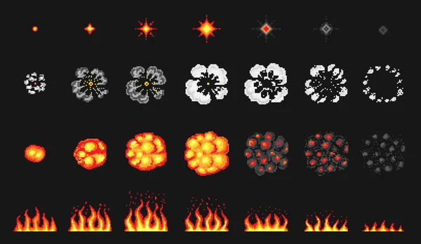 Pixel art 8 bit vuur objecten. Nucleaire explosie. Spel pictogrammen ingesteld. Comic boom vlam effecten. Bang ontploft flitsdynamiet met rook. Digitale iconen. Stappen van het animatieproces. — Stockvector