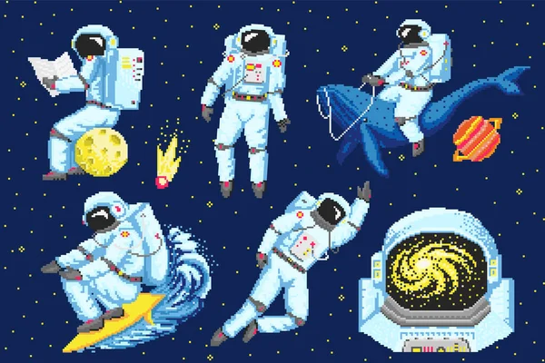 Astronautka sztuki pikseli. Kosmita 8-bitowe obiekty. Sztuka kosmiczna, cyfrowe ikony. kosmonauta na wielorybie, księżycu i fali. Retro aktywa. Klasyczny styl gry. Zestaw postaci. Ilustracja wektora. — Wektor stockowy