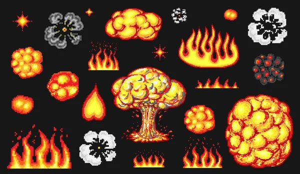 Atomexplosion. Pixel Art 8 Bit Feuerobjekte. Pilzwolke. Spielsymbole gesetzt. Komische Boom-Flamme. Knall explodierte Dynamit mit Rauch. Lit Streichholz und Lagerfeuer. Digitale Symbole. Schritte im Animationsprozess — Stockvektor