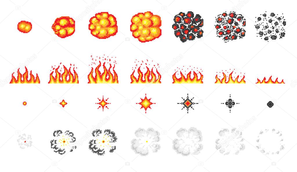 Nuclear explosion. Pixel art 8 bit fire objects. Game icons set. Comic boom flame effects. Bang burst explode flash dynamite with smoke. Digital icons. Animation Process steps.