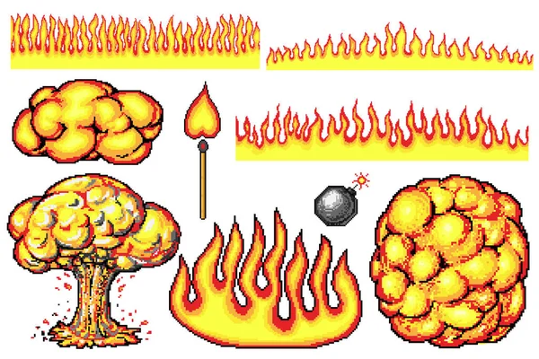 Atomrobbanás. Pixel art 8 bites tűz tárgyak. Gombafelhő. Játék ikonok beállítva. Képregény nagy bumm láng effektusok. Robbanóanyag robbant fel. Gyufa és máglya. Digitális ikonok. Vektorillusztráció. — Stock Vector