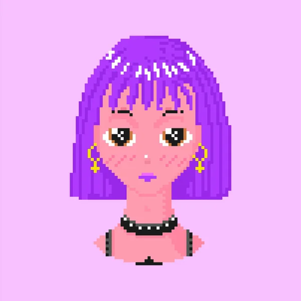 Anime girl. Pixel art 8 bit objects. Fashion Character Avatar. Retro game assets. Dreamy video arcade. Purple hair and Bob cut. Vector illustration. — Stock Vector