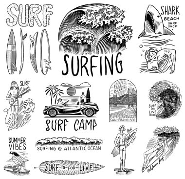  Sörf rozeti, Vintage Surfer logosu. Retro dalga ve avuç içi. Yaz Kaliforniya lobutları hazır. Sörf tahtasındaki adam, sahil ve deniz. İşlenmiş amblem el çizimi. Pankart ya da poster. Hawaii 'de spor.