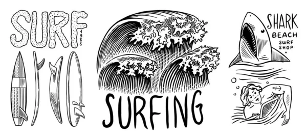 Surf badge. Retro Zwaaien. Vintage Surfer logo. Zomerse Californische labels. Man op de surfplank, strand en zee. Met de hand gegraveerd embleem getekend. Banner of poster. — Stockvector