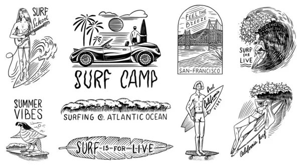 Surf badge, Vintage Surfer logo. Retro-golf en palm. Zomer Californië en San Francisco. Man op de surfplank, strand en zee. Een man met een gitaar. Met de hand gegraveerd embleem getekend. Banner of poster. — Stockvector