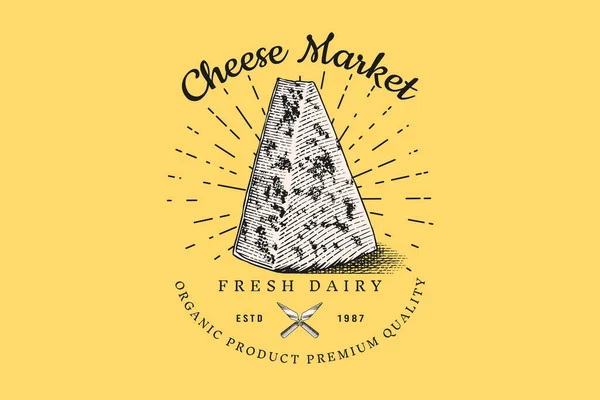 Odznak za krájení sýra. Logo ročníku pro trh nebo obchod s potravinami. Čerstvé organické mléko. Ručně kreslený vektorový náčrt štítku, znaku, plakátu nebo menu. — Stockový vektor