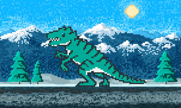 Fire dinosaur and Mountain landscape. Game concept. Pixel art 8 bit objects. Retro digital game assets. Fashion icon. Vintage Computer video background. 