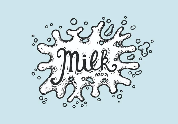 Milk label. Blot or drop. Vintage logo for shop. Badge for t-shirts. Hand Drawn engrave sketch. Vector illustration. — Stock Vector