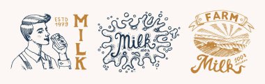 Süt seti. İnek ve kadın çiftçi, sütçü ve sürahi, leke ve şişe, ambalaj ve çayır, erkek bir bardak tutar. Dükkan için klasik logo. Tişörtler için rozet. El çizimi eskiz. Vektör illüstrasyonu.