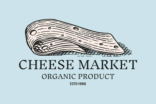 Peynir dilimi rozeti. Market ya da market için klasik logo. Taze organik süt. Etiket, amblem, poster veya menü için vektör oymalı el çizimi. — Stok Vektör