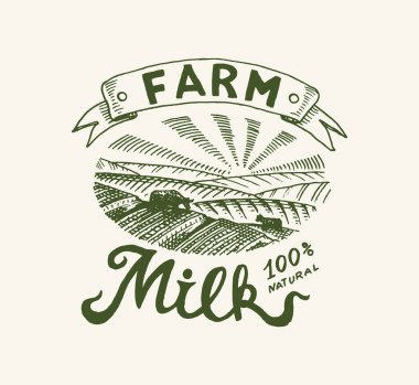 Süt etiketi. Retro çayır ya da kırsal. Dükkan için klasik logo. Tişörtler için çiftlik rozeti. El çizimi eskiz. Vektör illüstrasyonu.