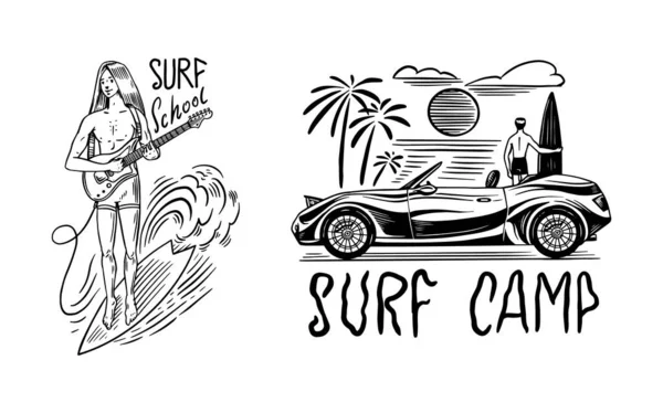 Парень с гитарой. Значок для серфинга, логотип винтажного серфера. Ретро волна. Летняя Калифорния. Человек на доске для сёрфинга. Ручная выгравированная эмблема. Баннер или плакат. — стоковый вектор