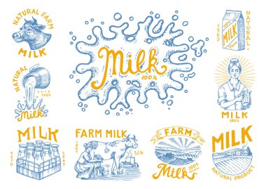 Süt seti. İnek ve kadın çiftçi, sütçü ve sürahi, leke ve şişe, ambalaj ve çayır, erkek bir bardak tutar. Dükkan için klasik logo. Tişörtler için rozet. El çizimi eskiz. Vektör illüstrasyonu.