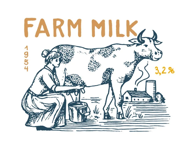 Молочный лейбл. Корова и женщина-фермер, доярка, кувшин и луг. Логотип фермы Винтаж для магазина. Сельские значки за футболки. Ручной рисунок. Векторная иллюстрация . — стоковый вектор