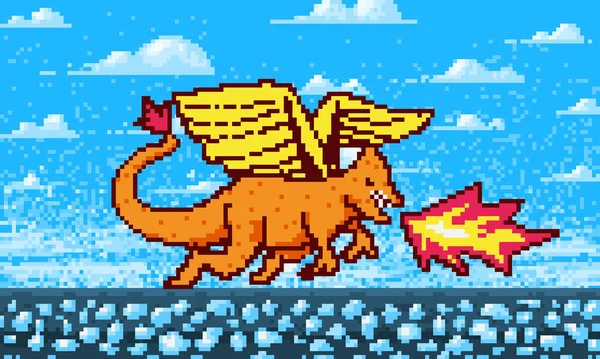 Vuur draak en wolken. Spel concept. Pixel art 8 bit objecten. Retro digitale game activa. Mode icoon. Vintage Computer video achtergrond. — Stockvector