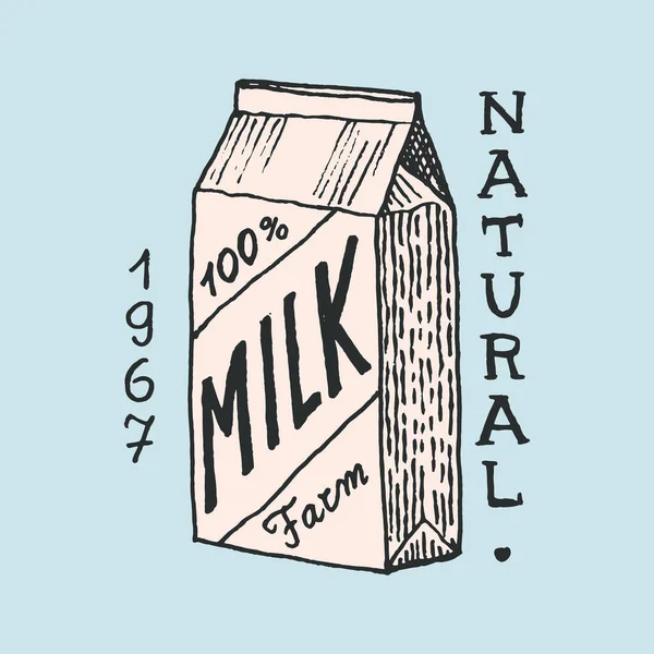 Milk label. Retro Packaging. Vintage logo for shop. Badge for t-shirts. Hand Drawn engrave sketch. Vector illustration. — Stock Vector