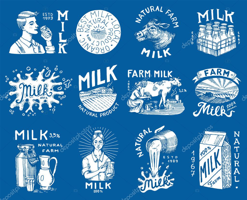 Milk set. Cow and woman farmer, milkmaid and jug, blot and bottles, packaging and meadow, man holds a glass. Vintage logo for shop. Badge for t-shirts. Hand Drawn engrave sketch. Vector illustration