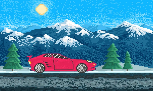 Voiture de sport rouge et paysage de montagne. Concept de jeu. Pixel art objets 8 bits. Actifs de jeu numérique rétro. icône de la mode. Vintage ordinateur fond vidéo. — Image vectorielle