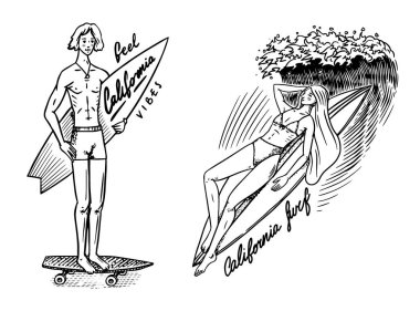  Sörf rozeti, Vintage Surfer logosu. Retro dalga. Yaz Kaliforniya. Sörf tahtasında ve denizde bir adam. İşlenmiş amblem el çizimi. Pankart ya da poster.