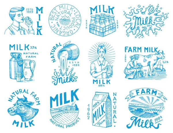 Milk set. Cow and woman farmer, milkmaid and jug, blot and bottles, packaging and meadow, man holds a glass. Vintage logo for shop. Badge for t-shirts. Hand Drawn engrave sketch. Vector illustration. — Stock Vector