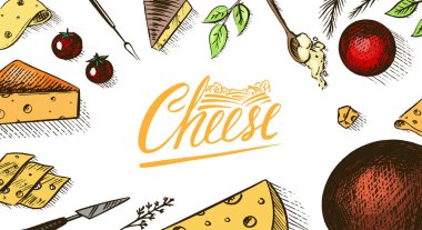 Peynir Posteri ya da afiş. Pazar ve bakkal için Edam ve Mozzarella dilimleri. Peynir tahtası ve taze organik süt arka planı. Etiket veya menü için oymalı el çizimi çizimi.