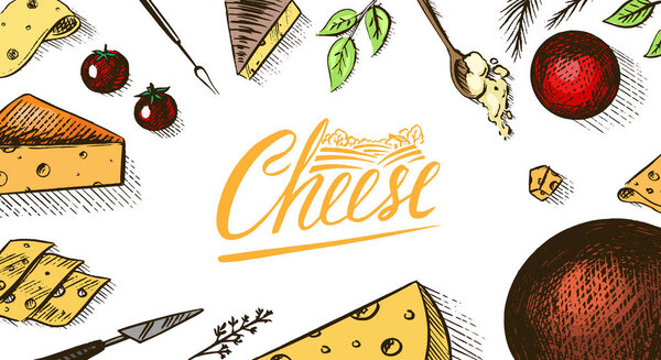 Плакат с сыром или баннер. Кусочки Эдама и Моцареллы для рынка или продуктового магазина. Сырная доска и свежий органический молочный фон. Векторный выгравированный эскиз для этикетки или меню.