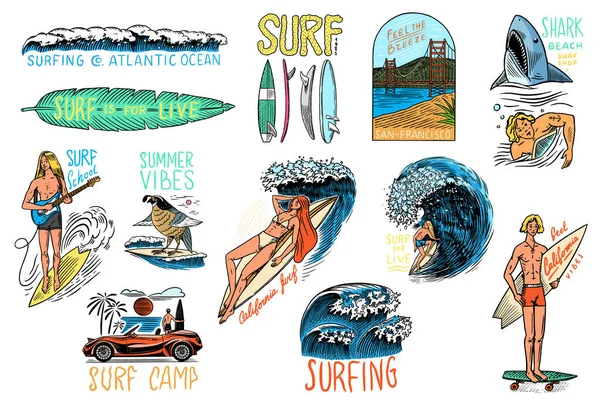 Surf badge, Vintage Surfer logo. Retro-golf en palm. Zomer Californische spelden ingesteld. Man op de surfplank, strand en zee. Met de hand gegraveerd embleem getekend. Banner of poster. Sporten in Hawaï. — Stockvector