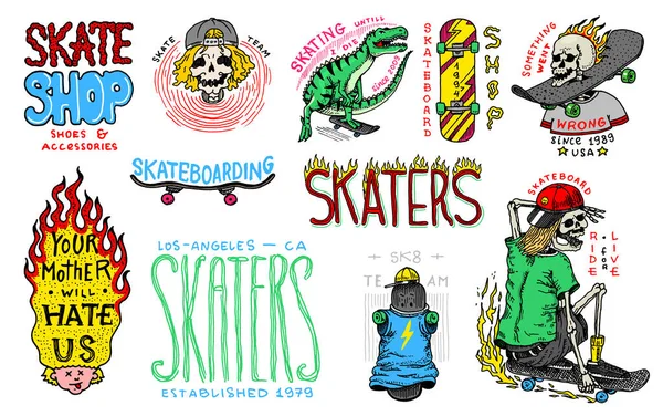 Skate loja distintivos e logotipo definido. Vintage retro modelos para t-shirts e tipografia. Dinossauro de rua e esqueletos montam no conceito de placas. Cabeça e crânio. Desenho à mão gravada esboço . — Vetor de Stock