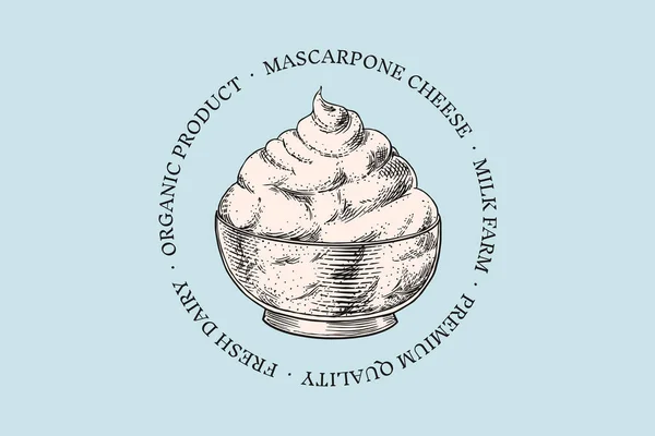 Um crachá de queijo. Logotipo de mascrapone vintage para o mercado ou mercearia. Leite orgânico fresco. Vetor Esboço desenhado à mão gravado para etiqueta, emblema, cartaz ou menu . — Vetor de Stock