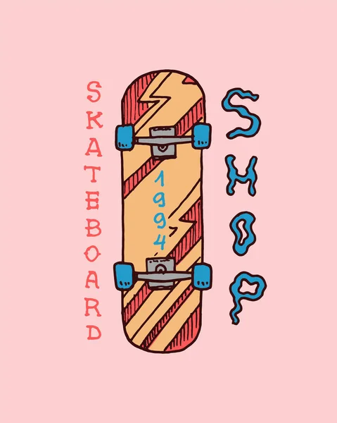 Skateboard Label para tipografía. Vintage paseo retro en el concepto de tablas. Plantilla para camiseta y logo. Boceto grabado a mano para tienda, club de skate o tatuaje . — Vector de stock