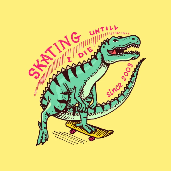 Dinosaur on a skateboard label for typography. Vintage retro Dino. Template for t-shirt and logo. Hand Drawn engraved sketch for shop, skate club or tattoo. — Stock Vector