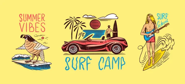 Surf badge, Vintage Surfer logo. Retro Wave, Man op de surfplank, auto en zee en vogel. Met de hand gegraveerd embleem getekend. Banner of poster. Sporten in Hawaï. — Stockvector