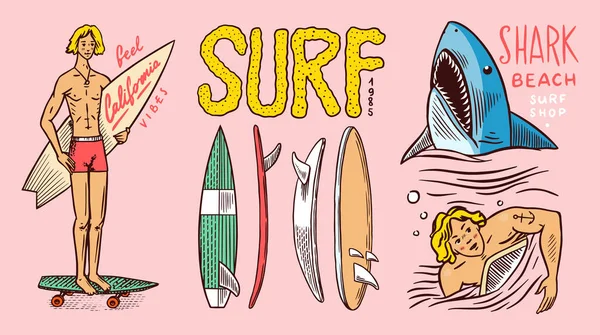 Insignia de surf, logotipo Vintage Surfer. Pines Retro Wave y Summer. Hombre en la tabla de surf y tiburón. Emblema grabado dibujado a mano. Banner o póster. Deportes en Hawaii. — Vector de stock