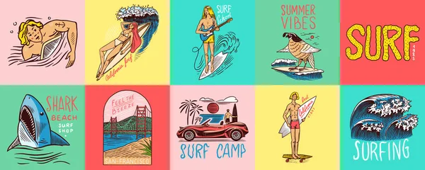 Sörf rozeti, Vintage Surfer logosu. Retro dalga ve avuç içi. Yaz Kaliforniya lobutları hazır. Sörf tahtasındaki adam, sahil ve deniz. İşlenmiş amblem el çizimi. Pankart ya da poster. Hawaii 'de spor. — Stok Vektör